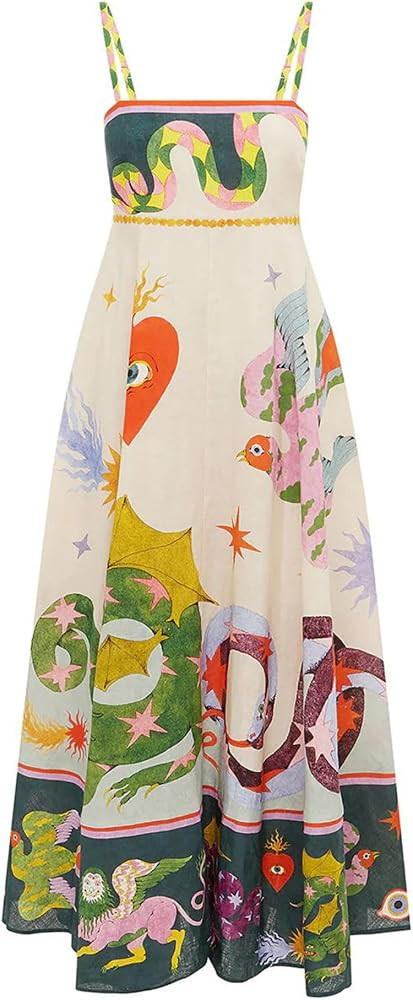 Women Boho Flowy Graffiti Long Aline Sundress Graphic Square Neck Sleeveless Spaghetti Strap Y2K ... | Amazon (US)