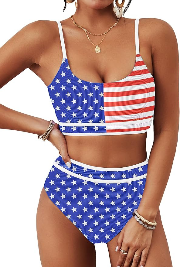 BMJL Women's High Waisted Bikini Ribbed Two Piece Swimsuit High Cut Color Block Adjustable Straps... | Amazon (US)