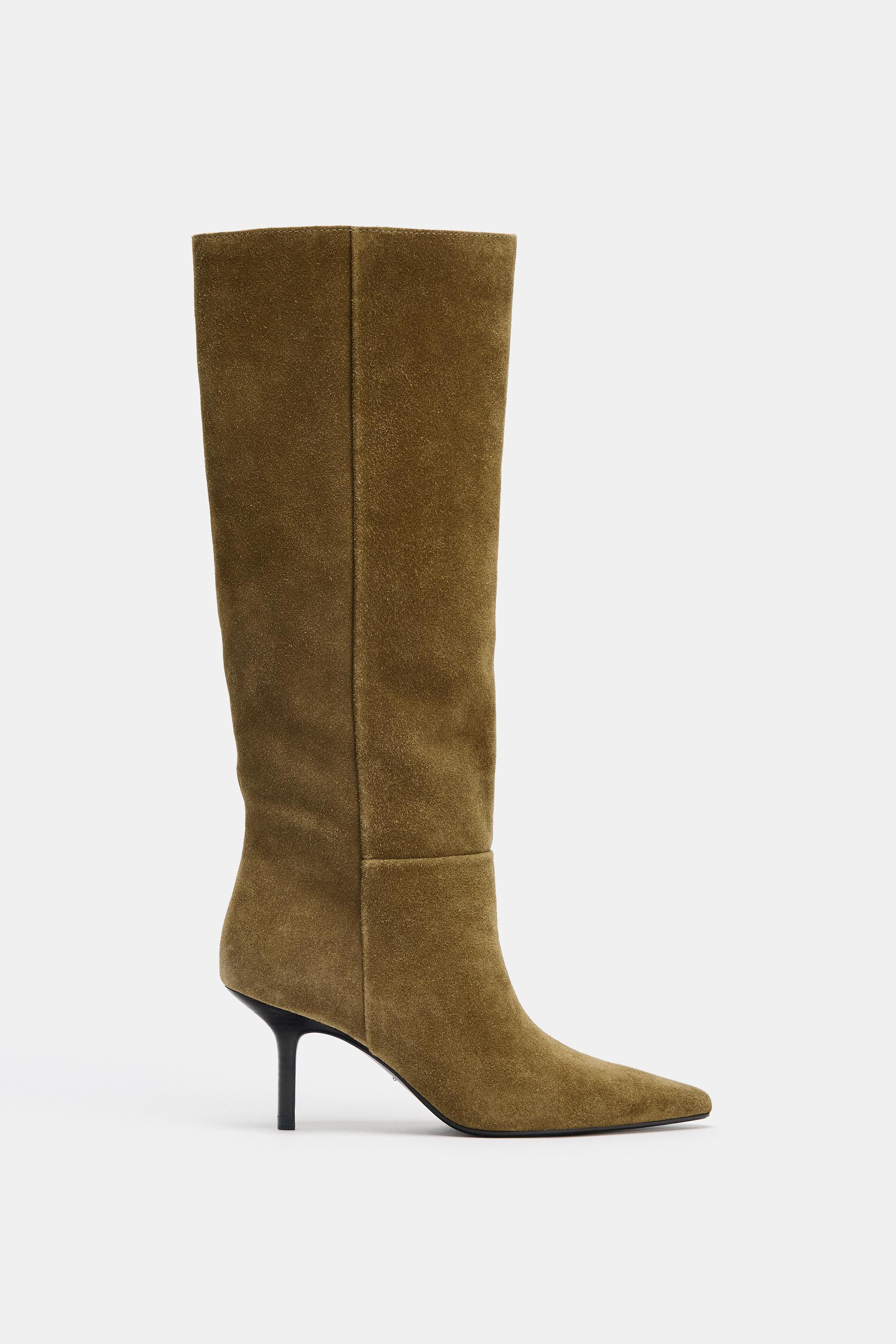 SPLIT LEATHER KITTEN HEEL BOOTS | Zara US