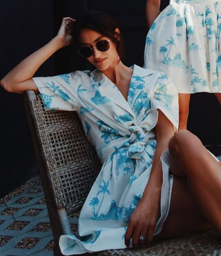 x DANNIJO Margaux Palm Tree Print Woven Button Front Short Sleeve Linen Blend Blouse | Dillard's