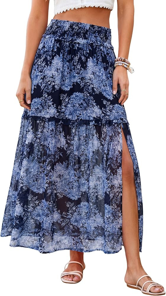 Women Boho Floral Maxi Skirts Summer Smocked High Waisted Chiffon Flowy A Line 2026 Trendy Long B... | Amazon (US)