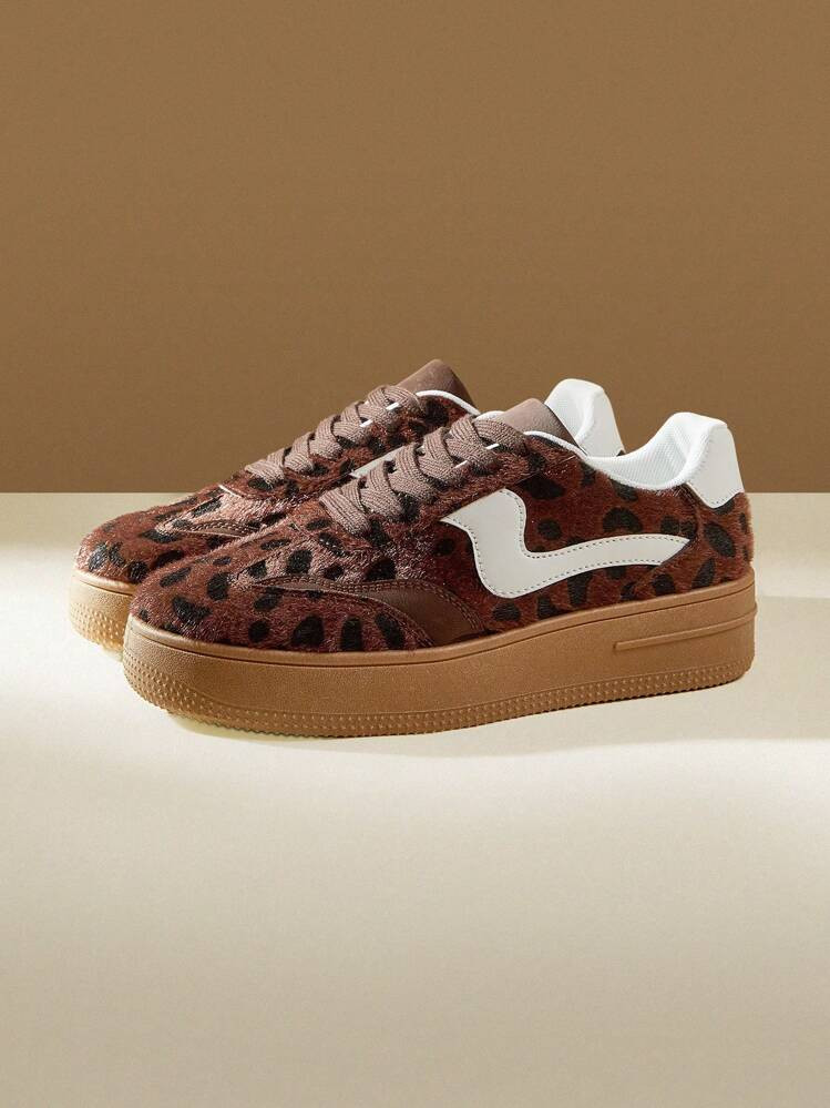 CUCCOO EASI Leopard Print Fuzzy Lace-Up Casual/Athletic Sneakers For Women, Spring & Autumn For And Vibe And Shoes For Women Sneakers Spring Shoes Easter Tainers Back To School | SHEIN