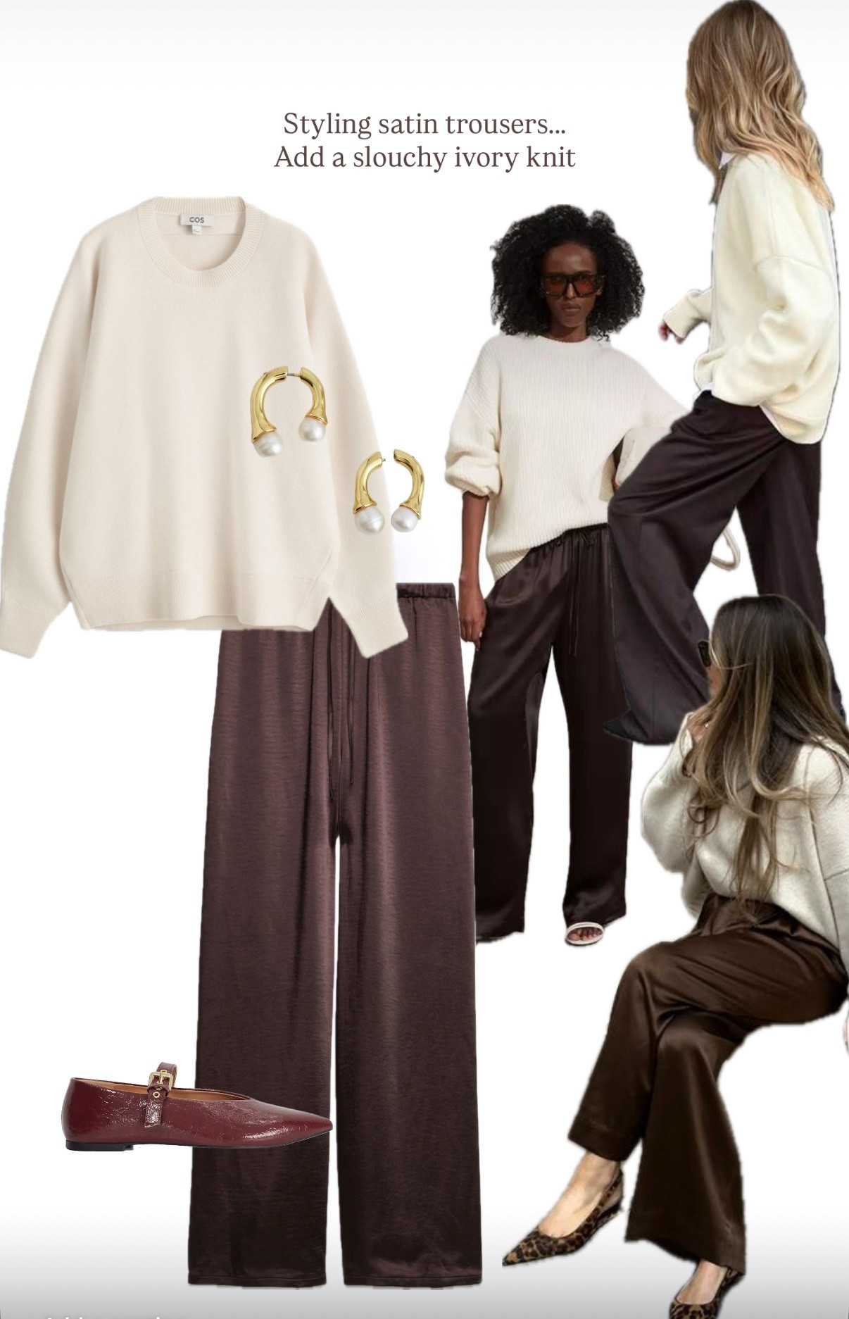 Satin trouser styling ideas 
Add a slouchy ivory knit ….



#LTKwinter #LTKautumn #LTKdatenight