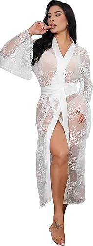 Womens Sexy Lace Kimono Robe Sparkly Sequin Long Sheer Nightgown See Through Mesh Beach Cover Up | Amazon (US)