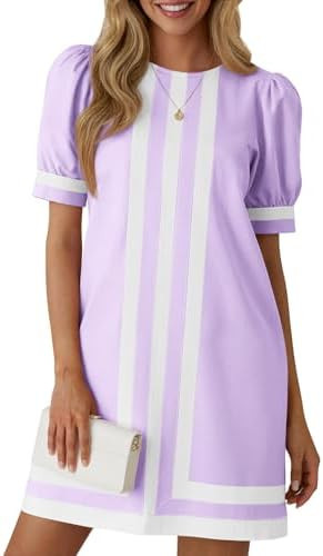 Wenrine Womens Puff Short Sleeve Mini Dress Summer Crewneck Striped Color Block Loose Casual Shif... | Amazon (US)