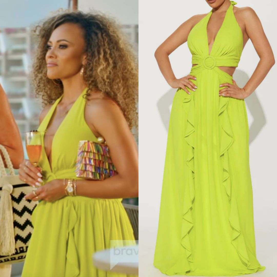 Ashley Darby’s Neon Green Ruffle Maxi Dress on Season 1 Episode 1 of Love Hotel is by Fashion Nova
