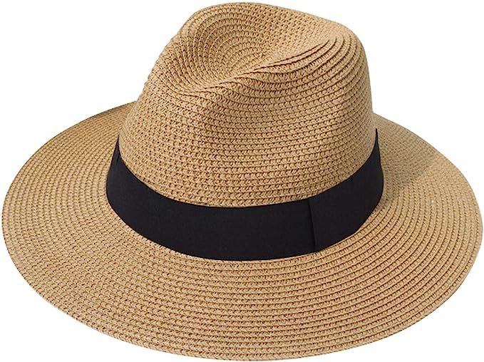 Lanzom Women Wide Brim Straw Panama Roll up Hat Fedora Beach Sun Hat UPF50+ | Amazon (US)