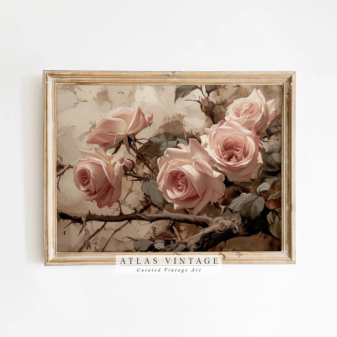 Vintage Valentine Flower Print, Antique Pink Rose Painting, Floral Valentine Wall Art, Moody Spri... | Etsy (US)