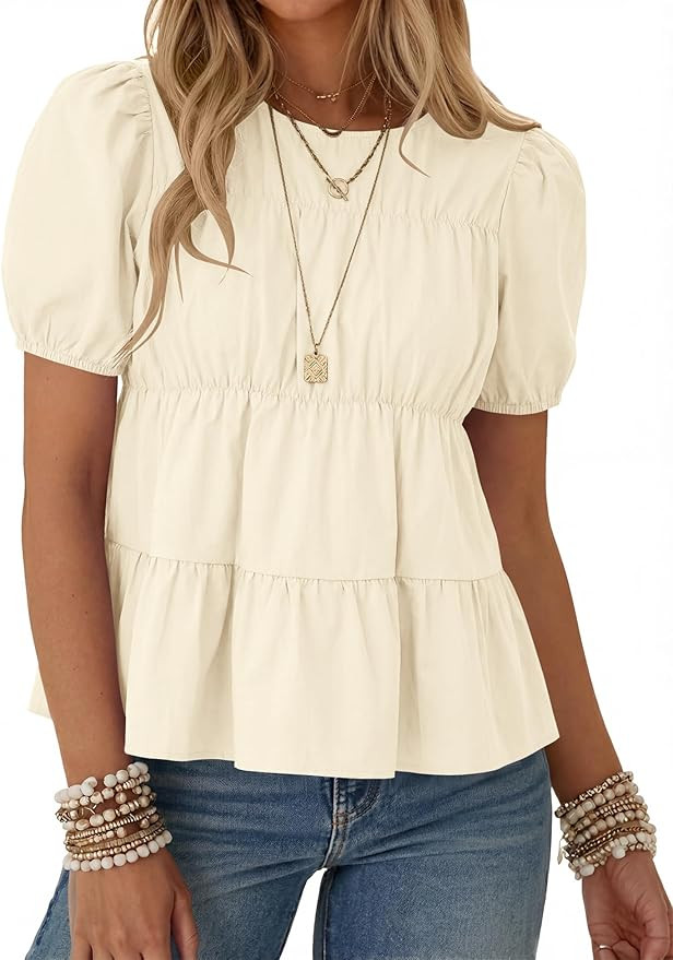 Rapbin Womens Puff Short Sleeve Babydoll Tops Summer Peplum Pleated Cotton T Shirts Casual Loose ... | Amazon (US)