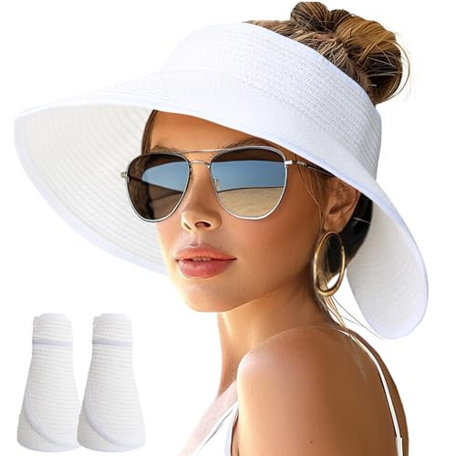 NPJY 2 Pack Sun Hats for Women Wide Brim Roll-Up Beach Ponytail Hat Packable Foldable Travel Straw Visor White+White | Amazon (US)