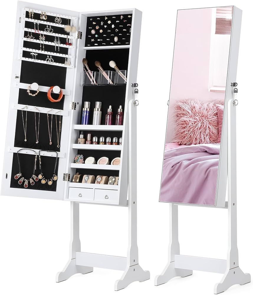 Nicetree Jewelry Cabinet with Full-Length Mirror, Standing Lockable Jewelry Armoire Mirror Organi... | Amazon (US)