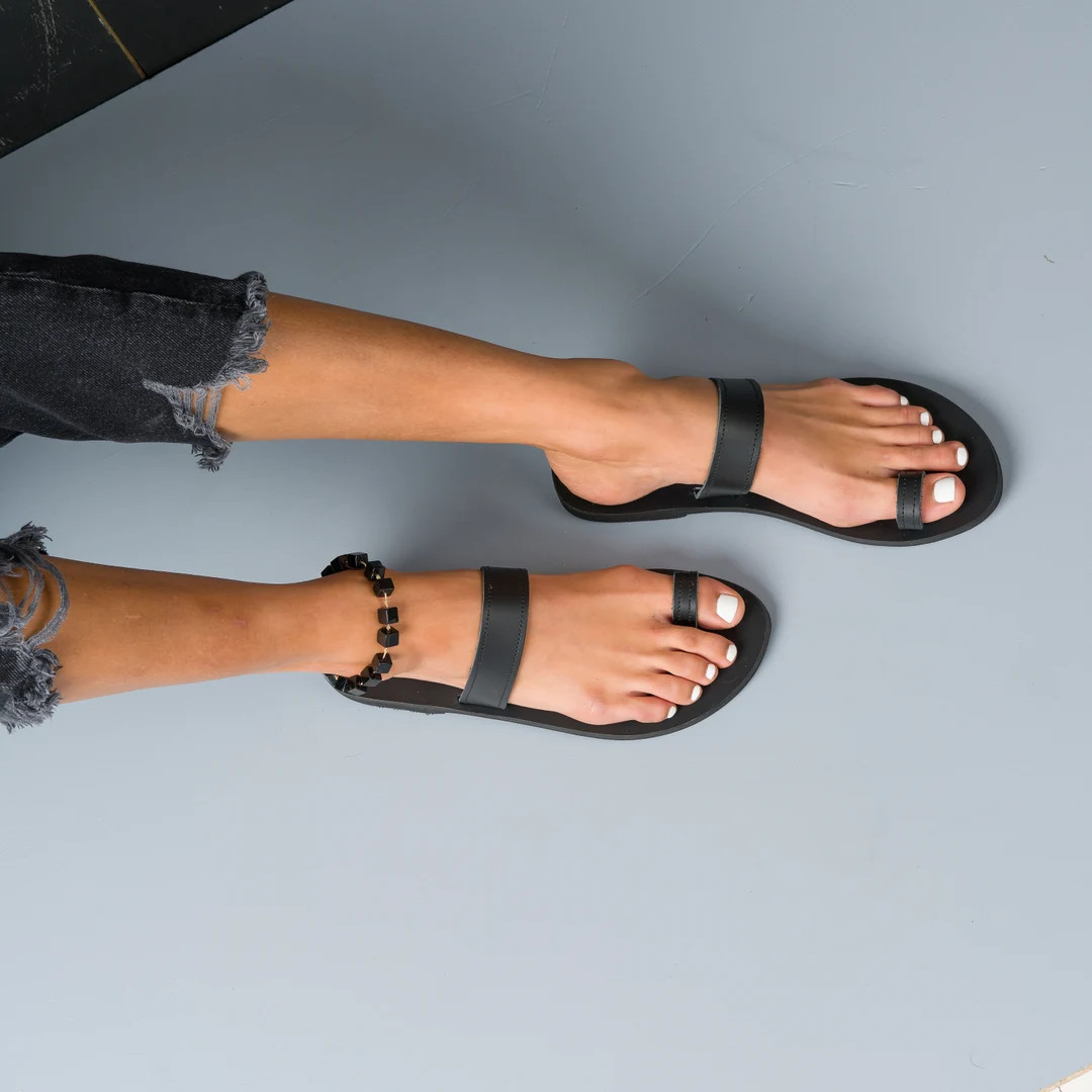 Handmade Greek Leather Toe Ring Sandals, Black Leather Flats - Etsy UK | Etsy (Global)
