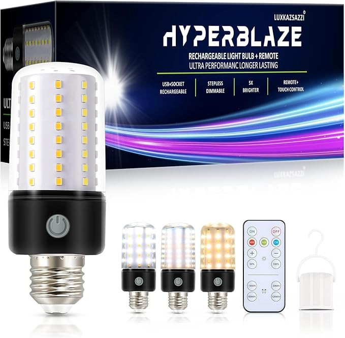 HYPERBLAZE Battery Operated Light Bulbs for Lamps, Wide Bright & 3 Colors & Dimmable Rechargeable... | Amazon (US)