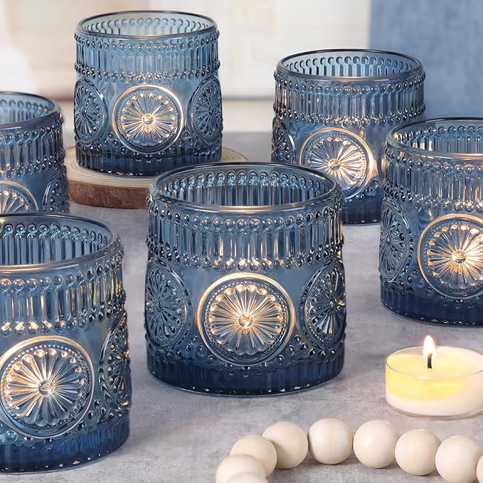 6Pcs Large Votive Candle Holders Blue Glass Tealight Candle Holders for Wedding, Table Centerpiec... | Amazon (US)