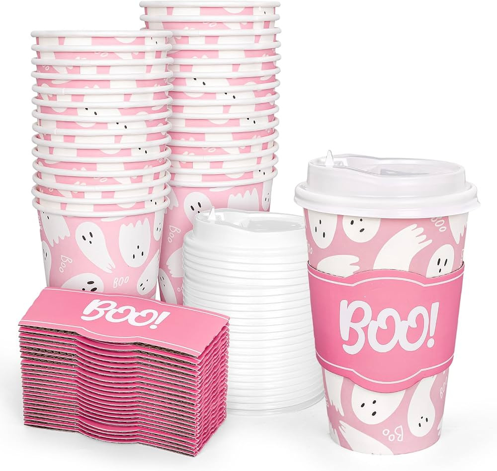 50Pcs Halloween Coffee Paper Cups Pink Cute Ghost Boo Disposable Cups with Lids and Sleeves for B... | Amazon (US)