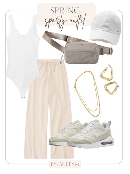 Sporty outfit. Spring outfit idea. 25% off bodysuit and wide leg pants. Nike sneakers, belt bag, white hat, good jewelry. 

#LTKsalealert #LTKunder100 #LTKunder50