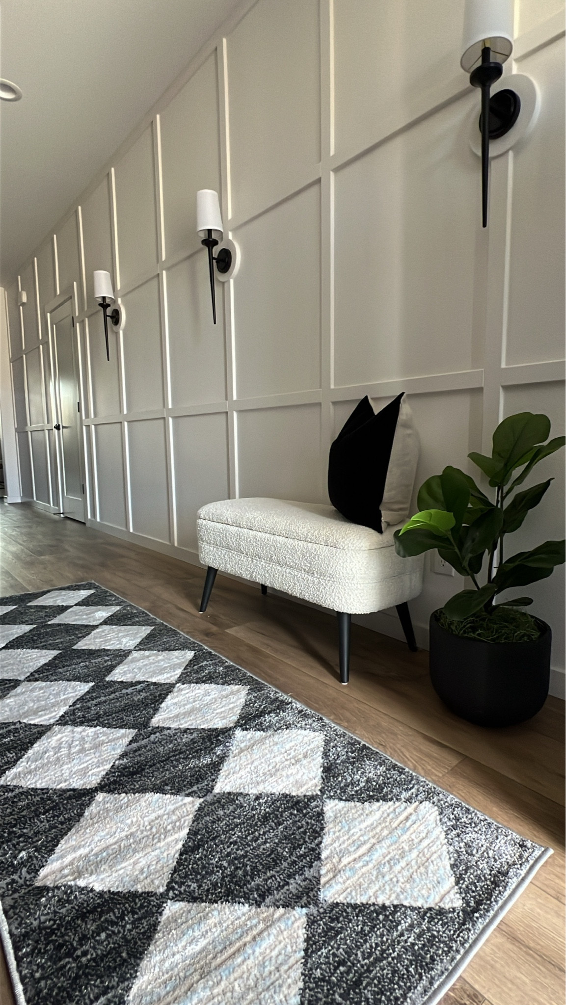 Entryway decor, entryway runner, entryway, bench, wall sconces, runner, black-and-white decor

#LTKHome