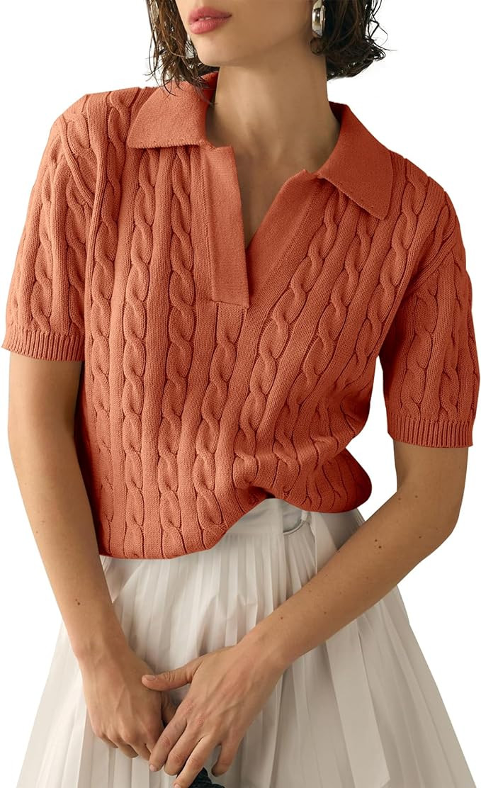 Imily Bela Women's Cable Short Sleeve Sweaters Tops Solid Lapel V Neck Knit Casual Soft Pullover ... | Amazon (US)