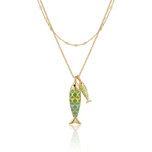 Gmai Fish Necklace for Women Double Layer 18K Gold Plated Colorful Enamel Fish Pendant Necklace Adjustable Chain Beach Ocean Summer Jewelry (Green Fish) | Amazon (US)