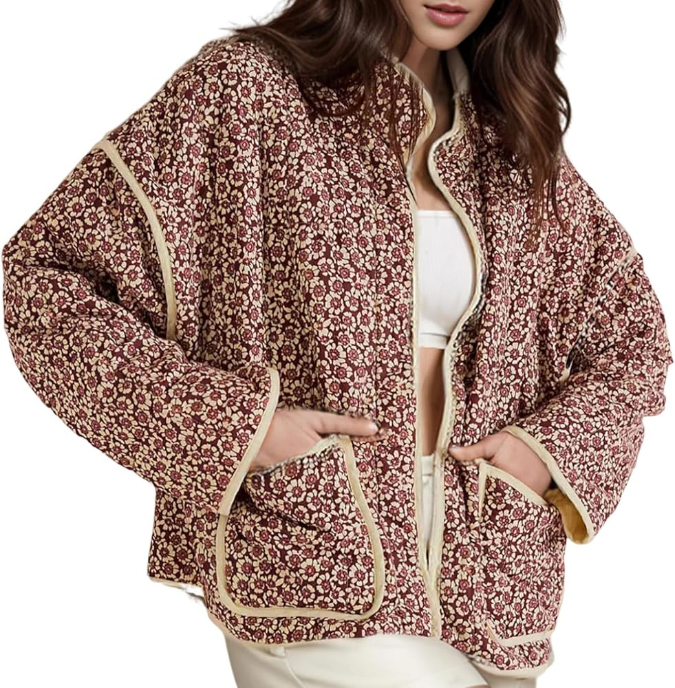 Women's Cropped Quilted Jacket Floral Print Puffer Jackets Lightweight Long Sleeve Warm Puffy Car... | Amazon (US)