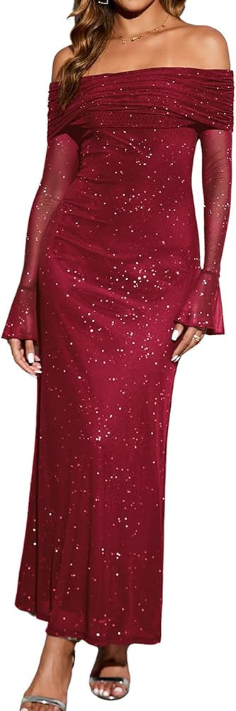 Colysmo Women Long Sleeve Mesh Off Shoulder Bodycon Maxi Dress Formal Wedding Guest Elegant Party... | Amazon (US)