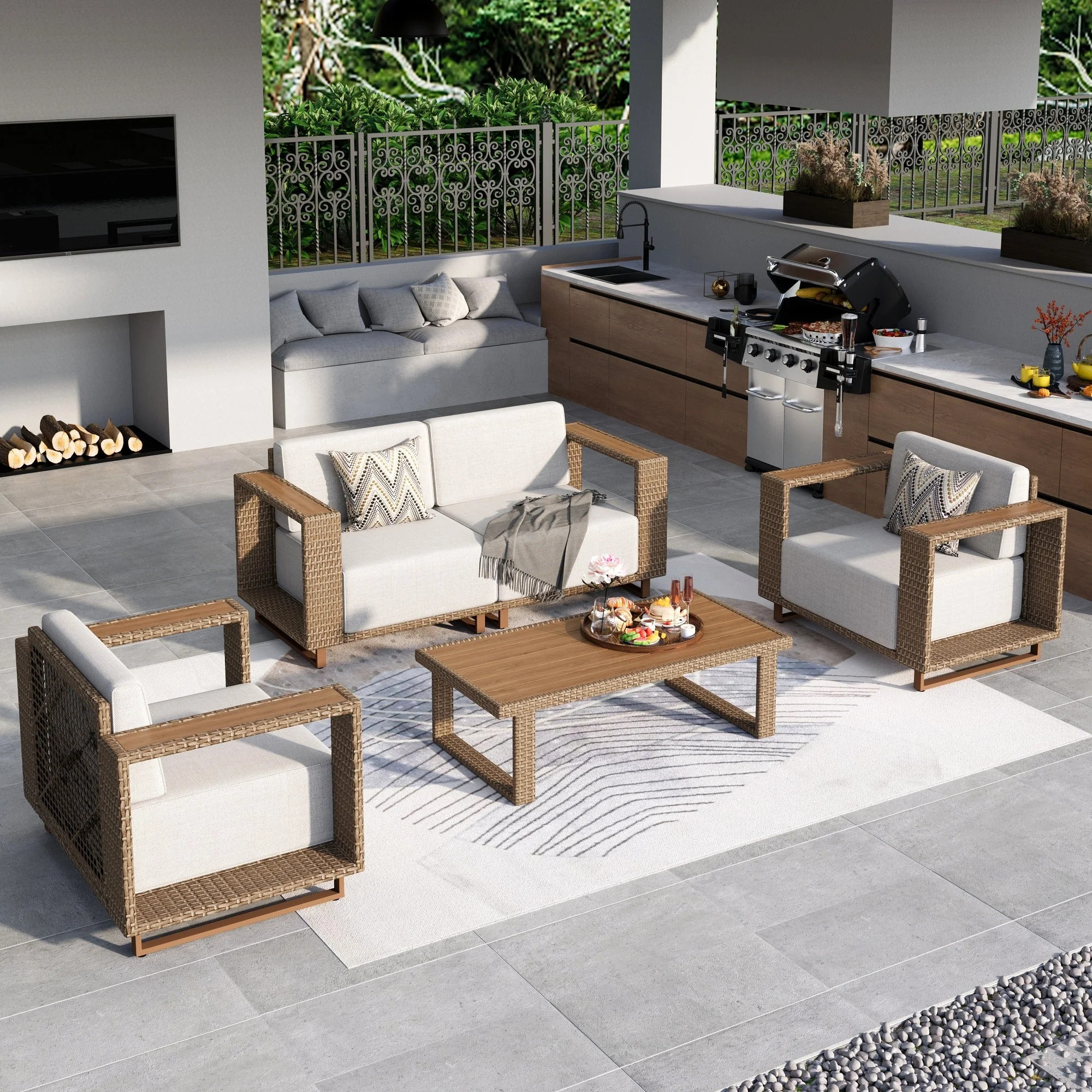 MF Studio 4-Piece Patio Furniture Set, Wicker Outdoor Conversation Set with Coffee Table, Patio S... | Walmart (US)