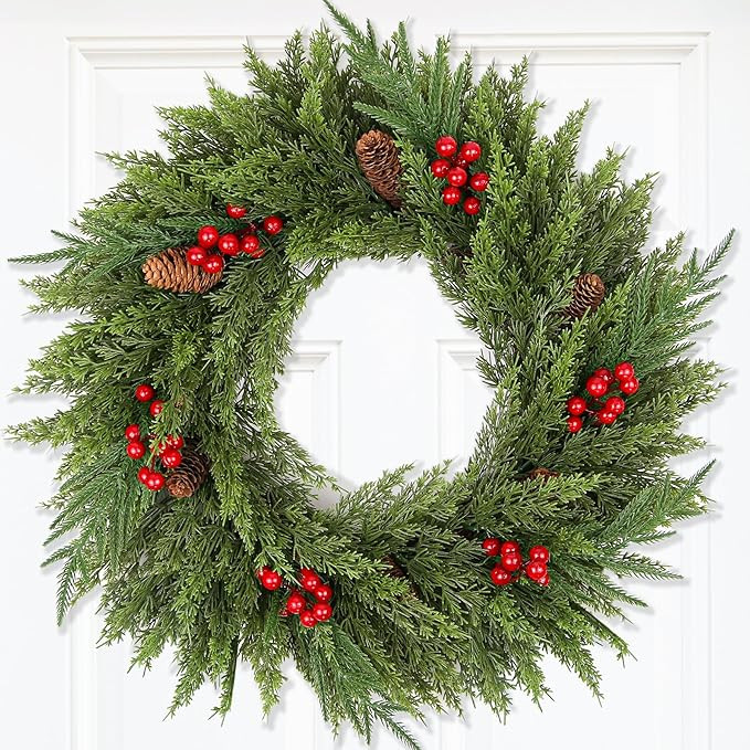 Real Touch Artificial Cedar Norflok Pine Wreath, 24 Inch Christmas Wreaths for Front Door Wall Wi... | Amazon (US)