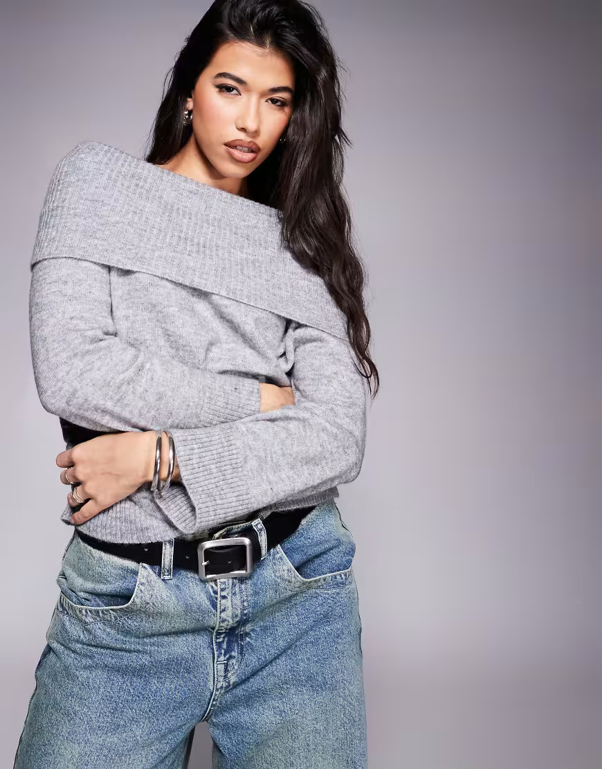 ASOS DESIGN fluffy off shoulder sweater with wide cuff in gray | ASOS (Global)