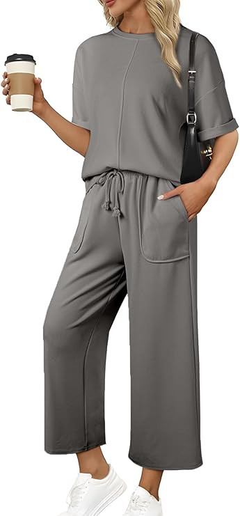 SHEWIN Women's 2 Piece Outfits Sweatsuit Casual Short Sleeve Pullover Tops and Drawstring Wide Le... | Amazon (US)