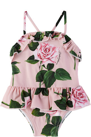 Baby Pink Rose-Print Swimsuit | SSENSE