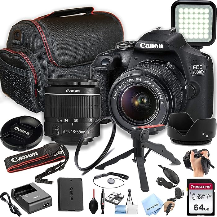 Canon EOS 2000D / Rebel T7 DSLR Camera w/EF-S 18-55mm F/3.5-5.6 Zoom Lens + 64GB Memory, LED Vide... | Amazon (US)
