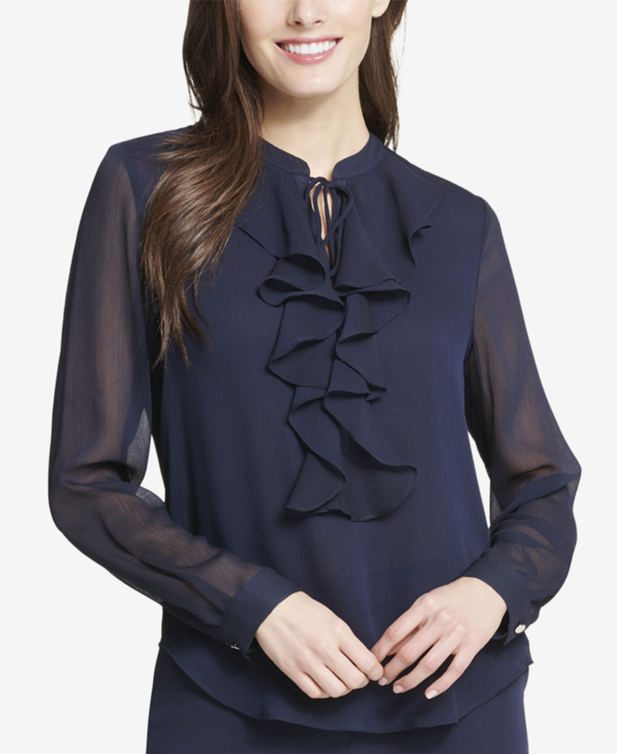 Tommy Hilfiger Women's Ruffled Tie-Neck Blouse - Dark Blue | Macy's