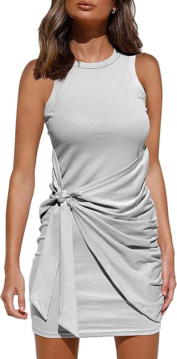 BTFBM Women Sleeveless Tank Casual Summer Bodycon T Shirt Dress Solid Tie Waist Ruched Stretch So... | Amazon (US)