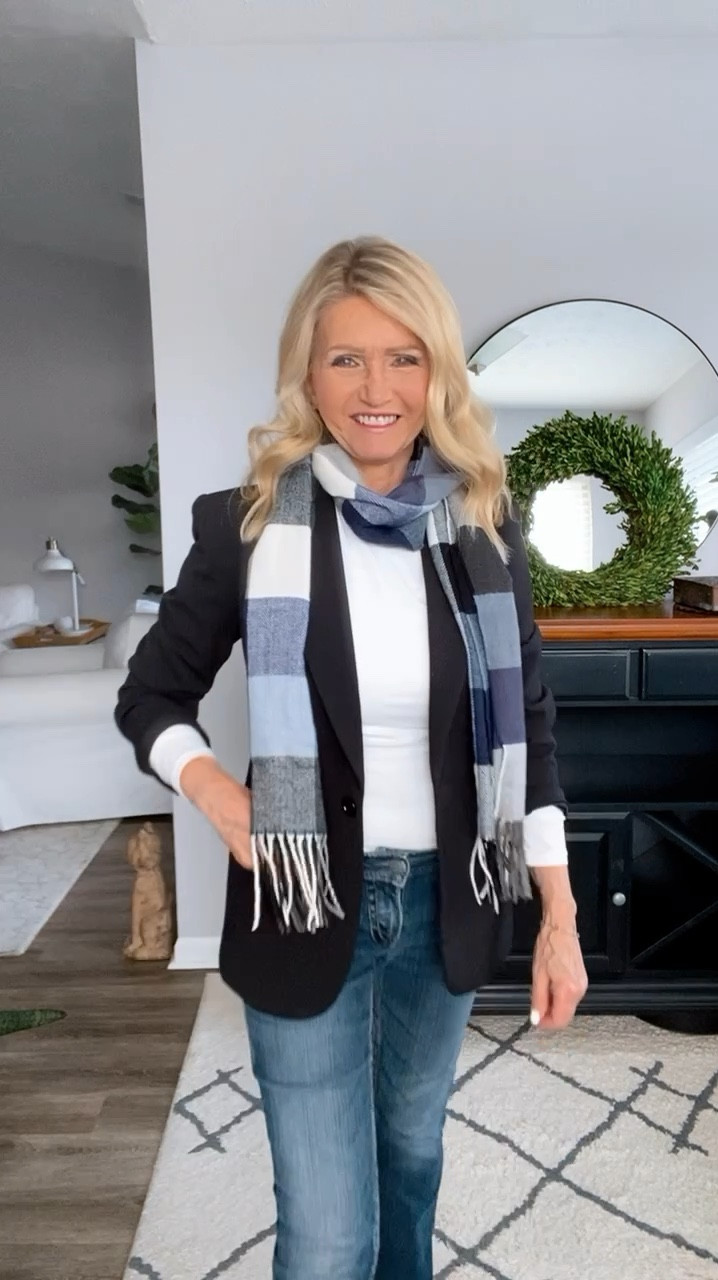 Serving casual and sophisticated realness! 🖤 This black suit jacket, blue plaid scarf, and white tee combo is a vibe. Add bootcut jeans and lug boots, and you’re ready to slay work or play

#LTKFindsUnder50 #LTKStyleTip #LTKSaleAlert