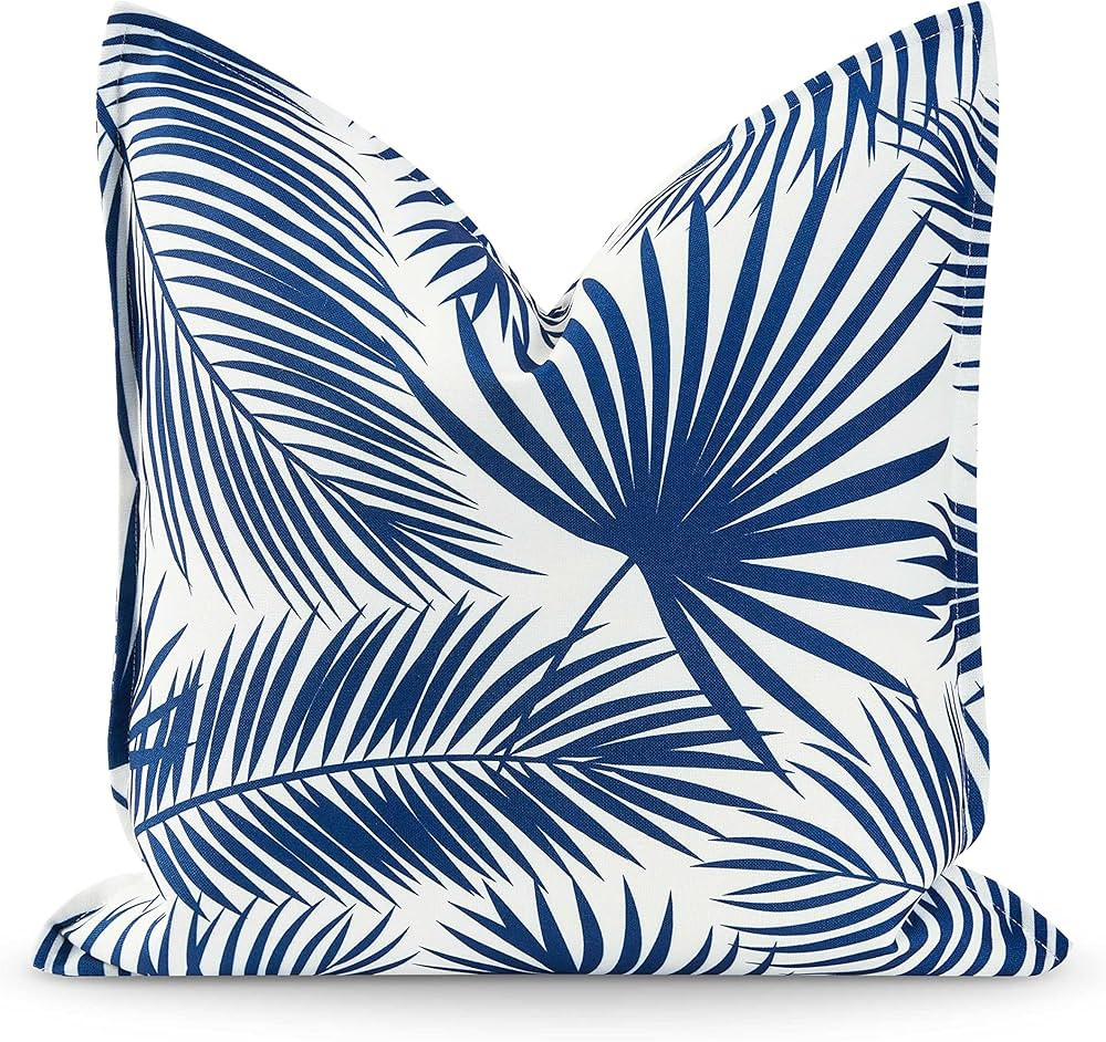 Hofdeco Premium Coastal Hampton Style Patio Indoor Outdoor Pillow Cover Only, 20"x20" Water Resistant for Backyard, Couch, Navy Blue Palm Leaf | Amazon (US)
