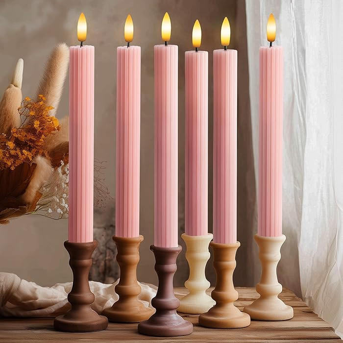 6 Pack, 10" LED Flameless Dusty Rose Fluted Ribbed Grooved Taper Candles, Remote & 24h Timer Memo... | Amazon (US)