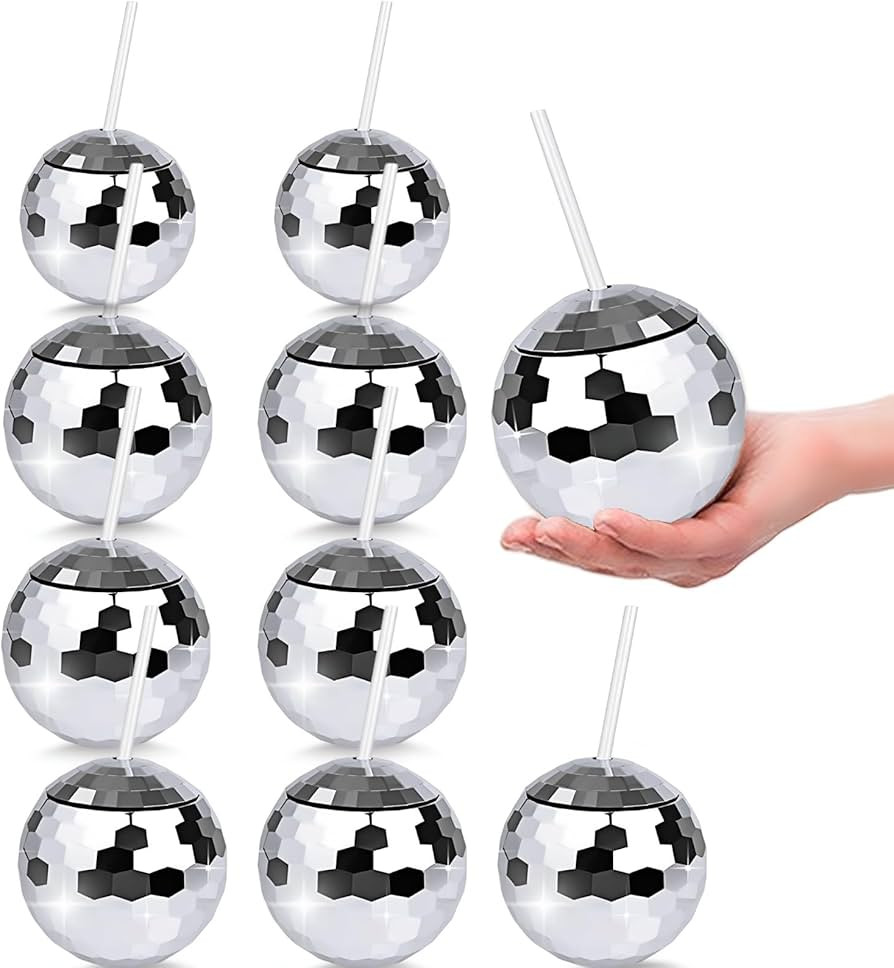 9 Pcs Disco Ball Cups with Lid and Straw – Silver Spherical Cocktail Tumblers, Reusable Disco W... | Amazon (US)
