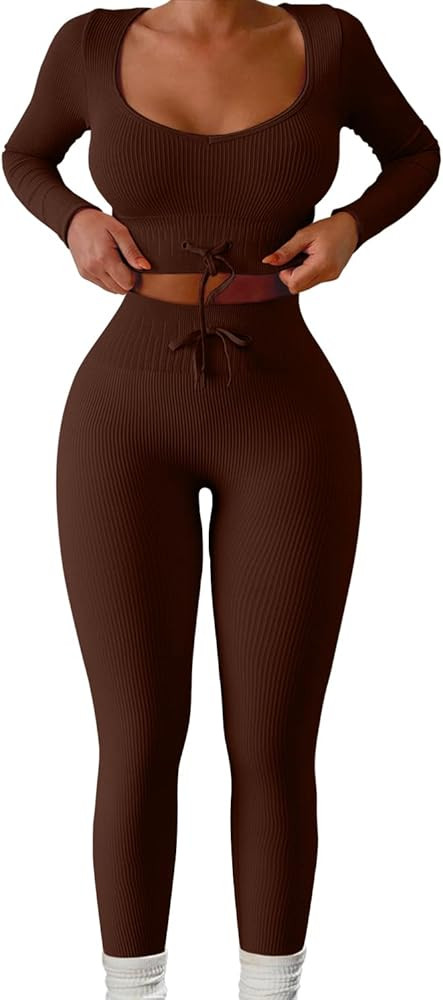 QINSEN Workout Sets for Women 2 Piece Seamless Long Sleeve Crop Tops Ribbed High Waist Leggings | Amazon (US)