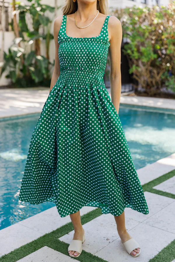 Fresh And Feminine Green Polka Dot Midi Dress | The Mint Julep Boutique
