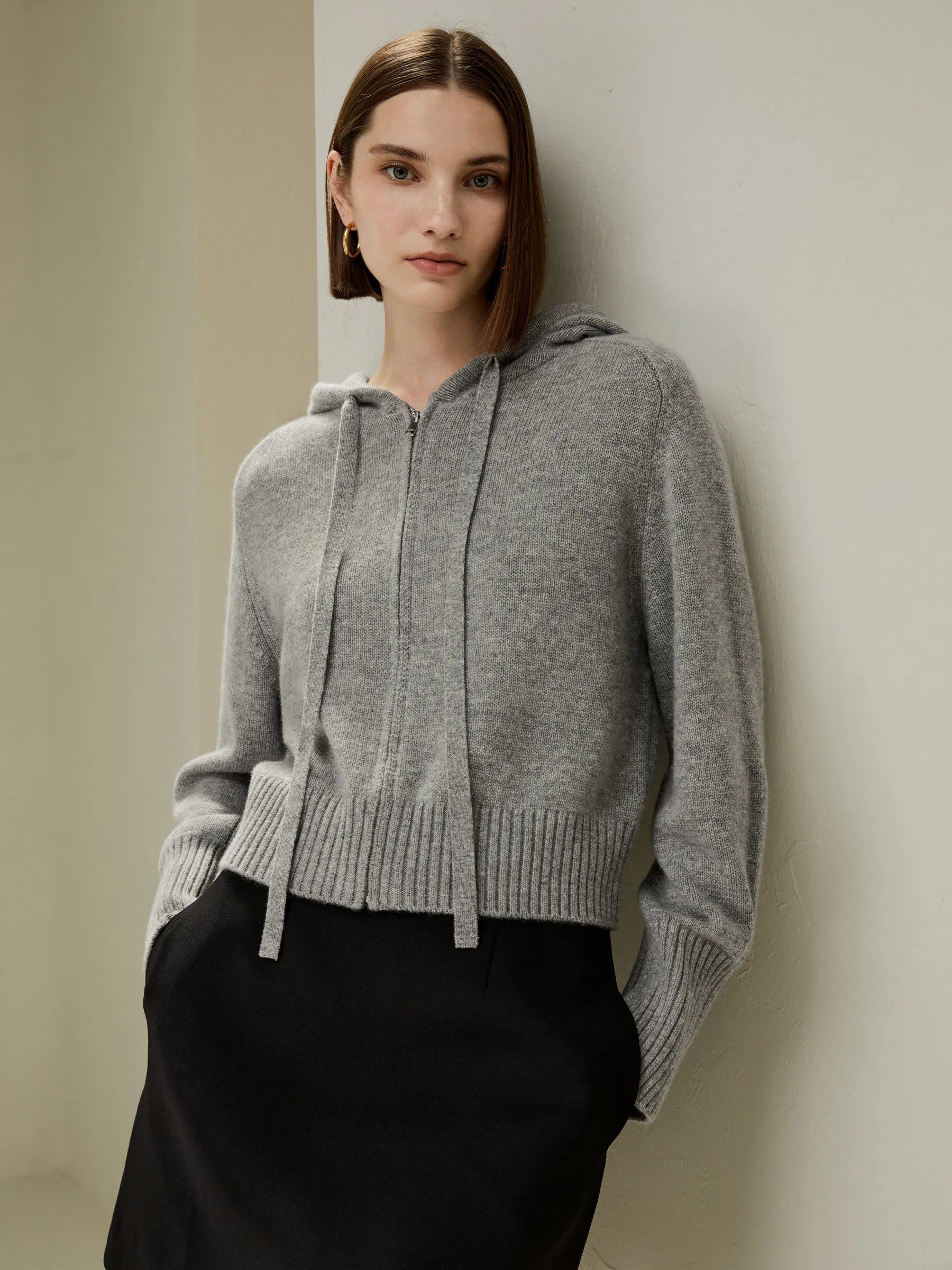 Short Zip-Up Wool Cashmere Hoodie | LilySilk
