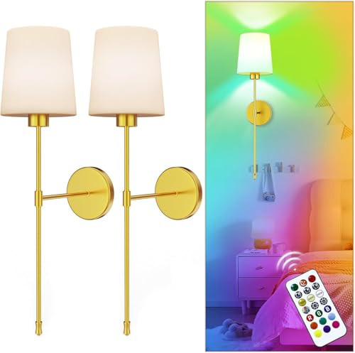 10000mAh Battery Operated Wall Sconces Set of Two, Wireless Sconces Set of 2 Wall Light with RGB Rechargeable Magnetic Bulb, Sconces Wall Decor Set of 2 for Living Room Bedroom, Gold | Amazon (US)
