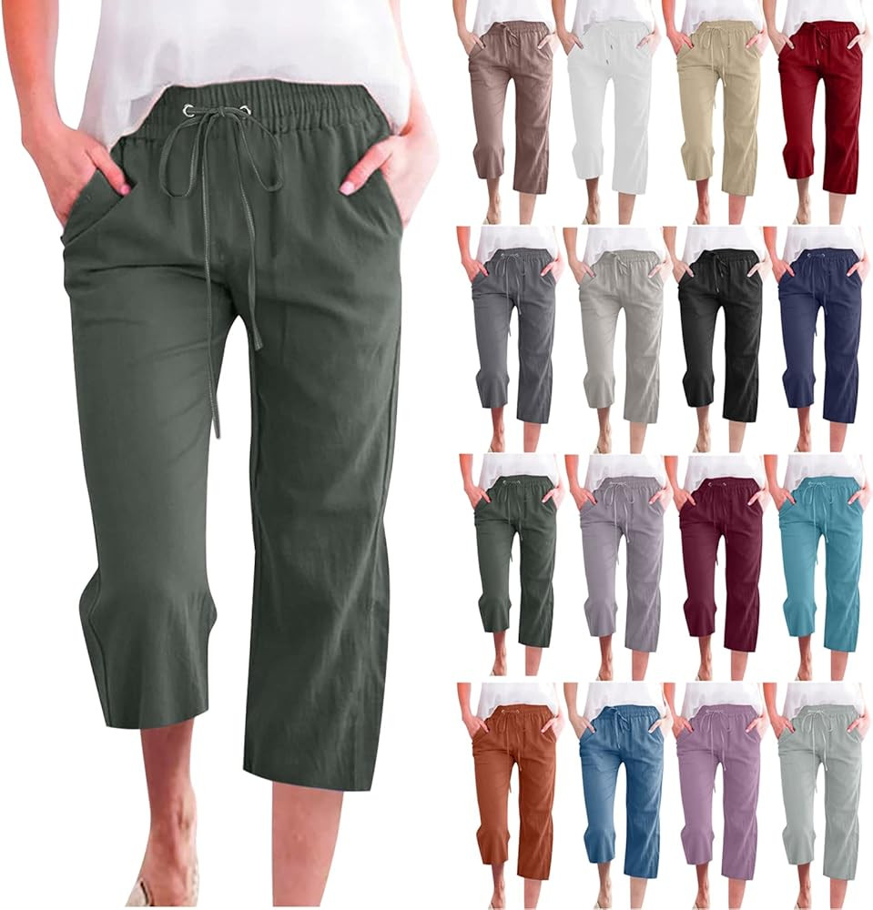 SMIDOW Capri Pants for Women Casual 2023 Summer Drawstring Elastic High Waist Linen Pant Straight... | Amazon (US)