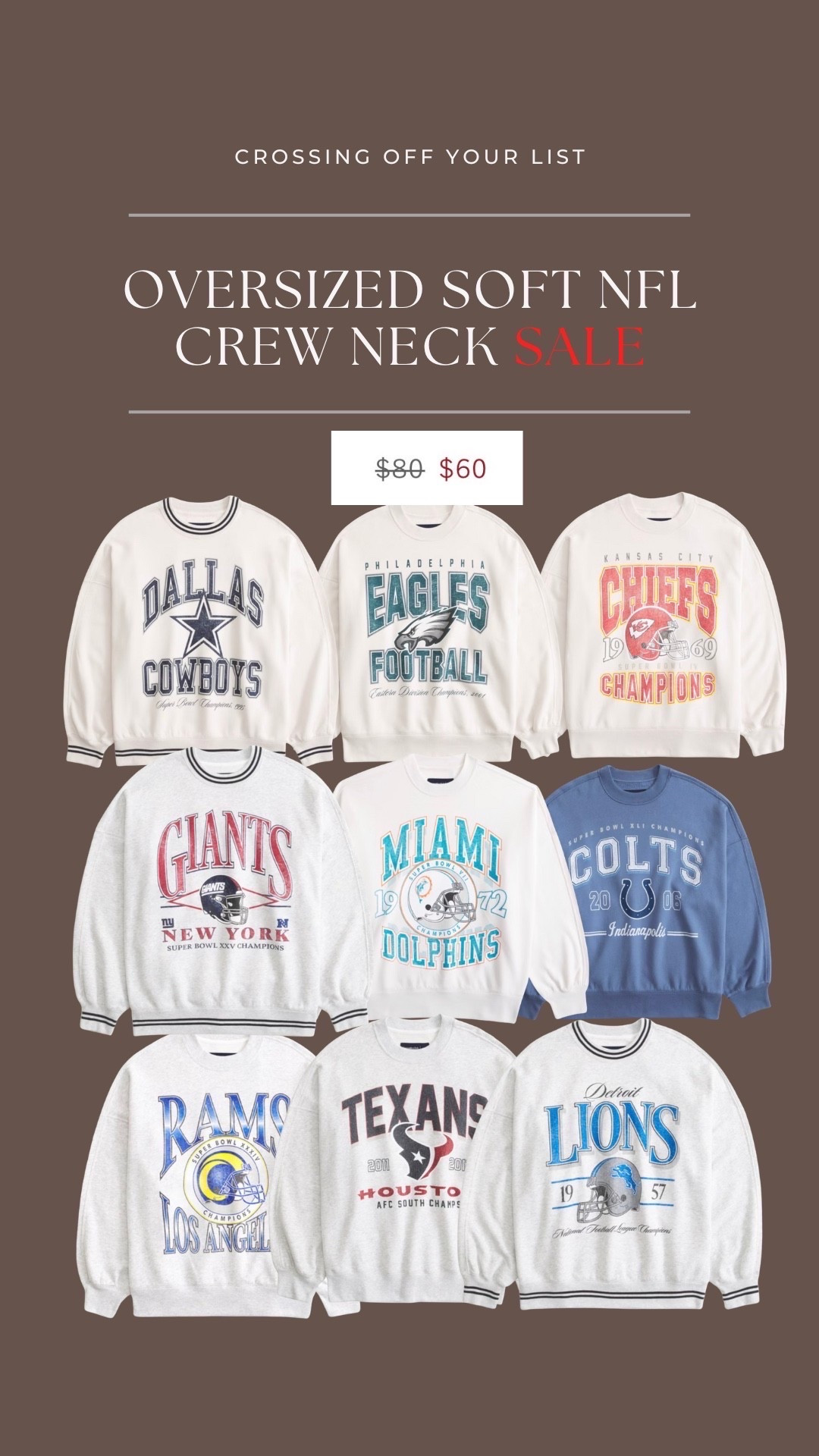 Yall have seen me wear the Dallas cowboy one and these are the softest things ever! I love anything oversized but I would still order a large to have that oversized look. Perfect for last minute gifting! 

Only $60! 

•
•
•
Oversized crewneck sweat shirts, NFL football, college game day outfits, comfy outerwear, gift ideas for friends, sisters, moms, dirty Santa, cowboys, Kansas City chiefs, giants, colts Miami dolphins, eagles , Detroit lions, rams, Texans, Super Bowl outfit 

#LTKActive #LTKGiftGuide #LTKHoliday