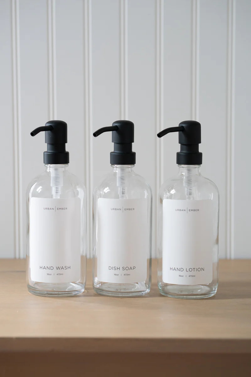 Minimalist Collection - Clear Glass White Hand Wash, Dish Soap or Hand Lotion Dispenser | Urban Ember