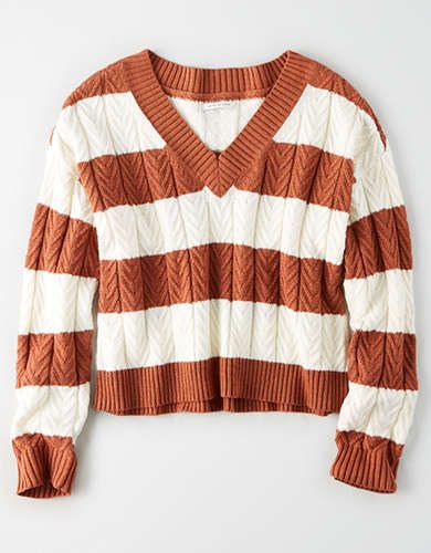 AE Striped V-Neck Cable Sweater | American Eagle Outfitters (US & CA)