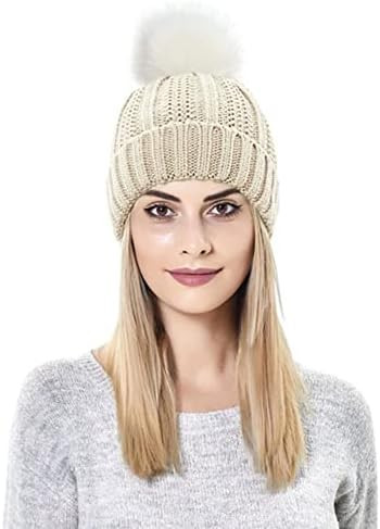 Roll Up Women's Cozy Winter Knitted Satin Lined Beanies Soft Pom Pom Skull Ski Cap Beanie Hat | Amazon (US)