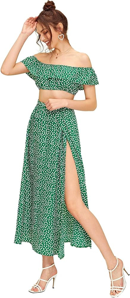 Floerns Women's Two Piece Outfit Floral Crop Top and Split Long Skirt Set | Amazon (US)
