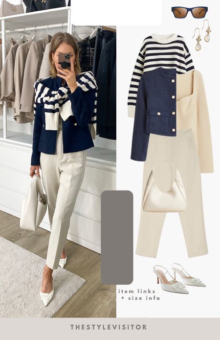 Trousers are from zara but stradivarius has the almost exact same, linked them here. The jacket is also from zara but linked a similar one too. Read the size guide/size reviews to pick the right size.

Leave a 🖤 to favorite this post and come back later to shop

#work outfit #office outfit #striped sweater #navy jacket #blazer #short jacket #beige knit sweetheart top 

#LTKworkwear #LTKSeasonal #LTKstyletip