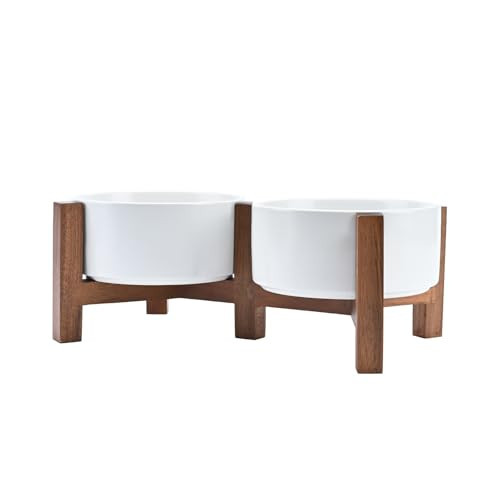 SPUNKYJUNKY Acacia Wood Stand Dog Bowl Set Raised, Ceramic Dog Food & Water Bowl for Medium Dogs (28.74 OZ, White) | Amazon (US)
