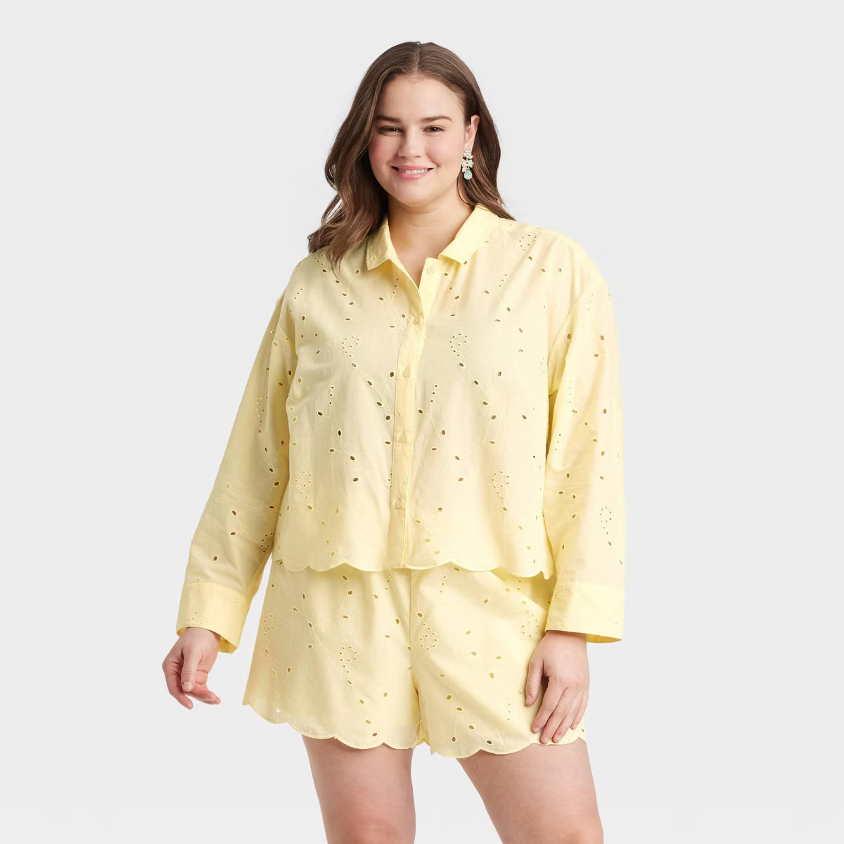 Women's Eyelet Long Sleeve Button-Down Shirt - A New Day™ Yellow XS | Target